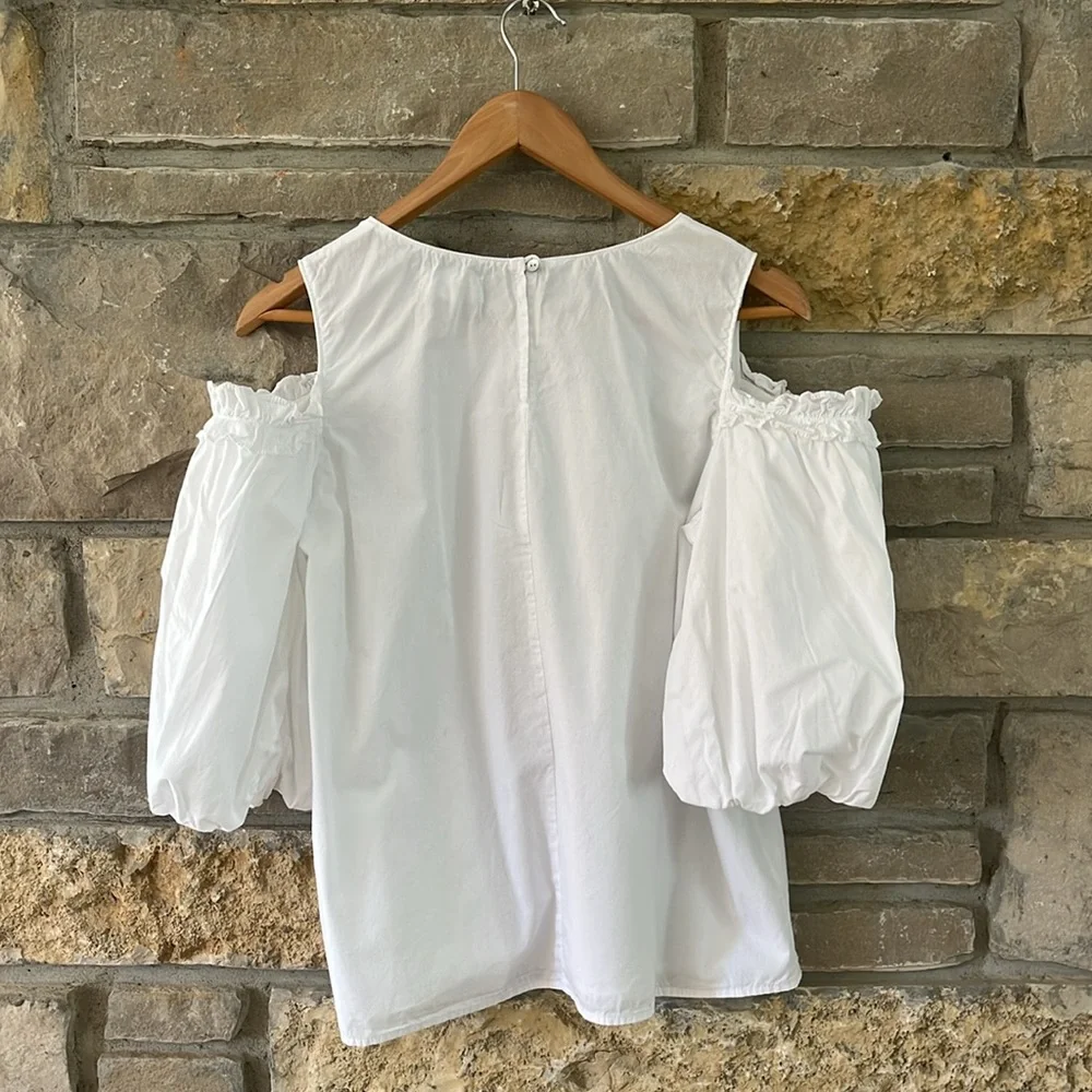 VELVET by Graham & Spencer White Off-the-Shoulder Women's Top Puff Sleeves Med - Picture 11 of 14